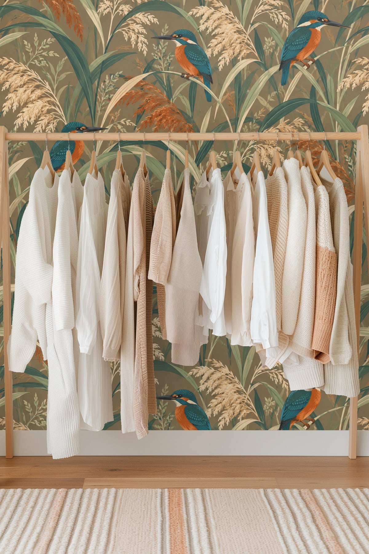 Naturalistic reed stalks and grasses flowing in vertical movement across wallpaper surface featuring vivid wildlife.