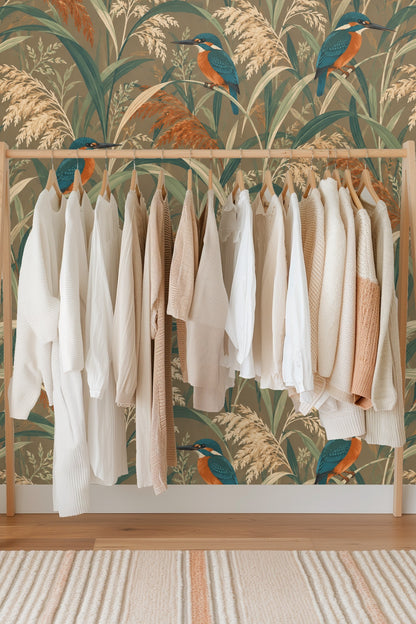 Naturalistic reed stalks and grasses flowing in vertical movement across wallpaper surface featuring vivid wildlife.