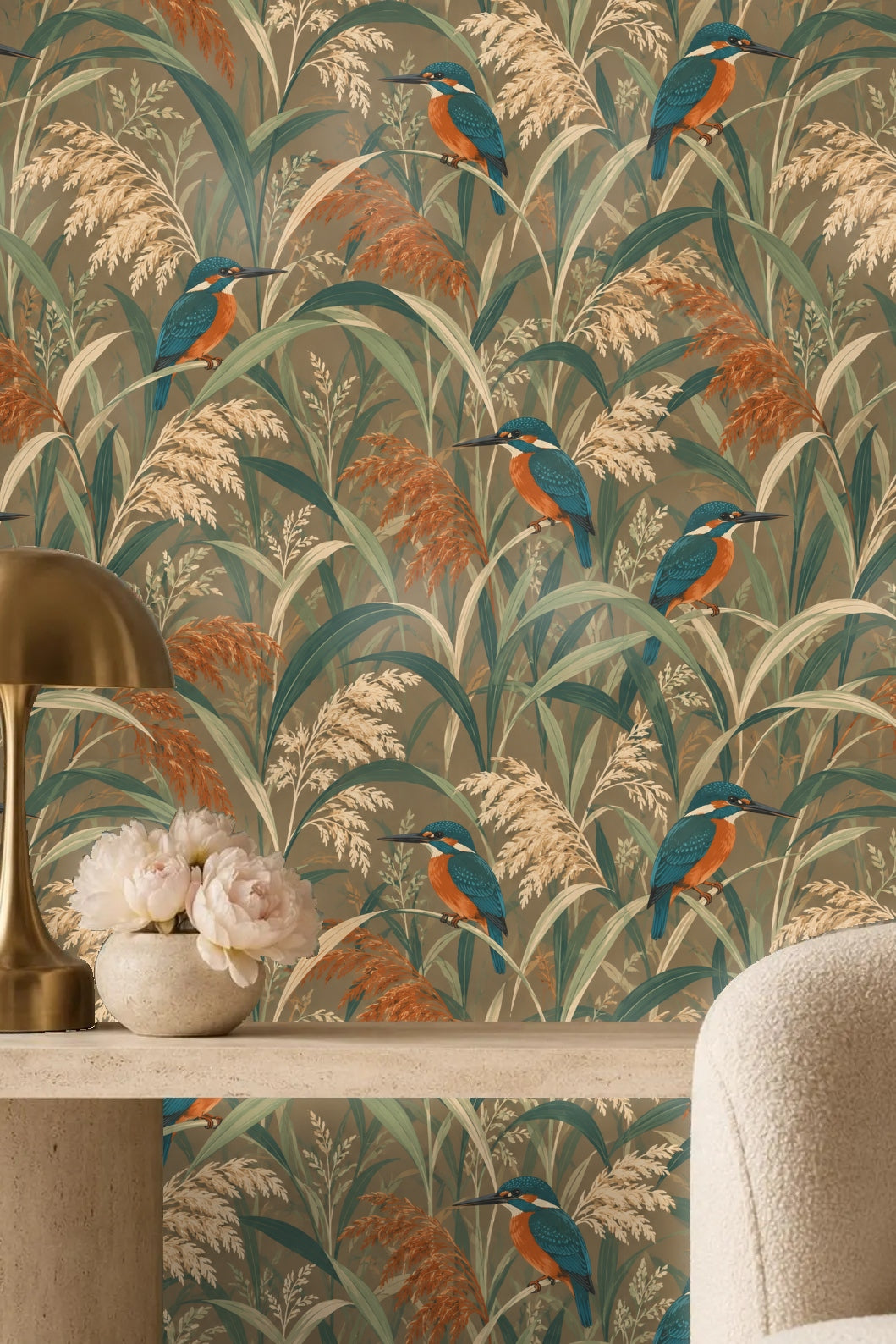Wallpaper pattern showing overlapping leaves and seed lint grasses with a clustered group of kingfisher birds.