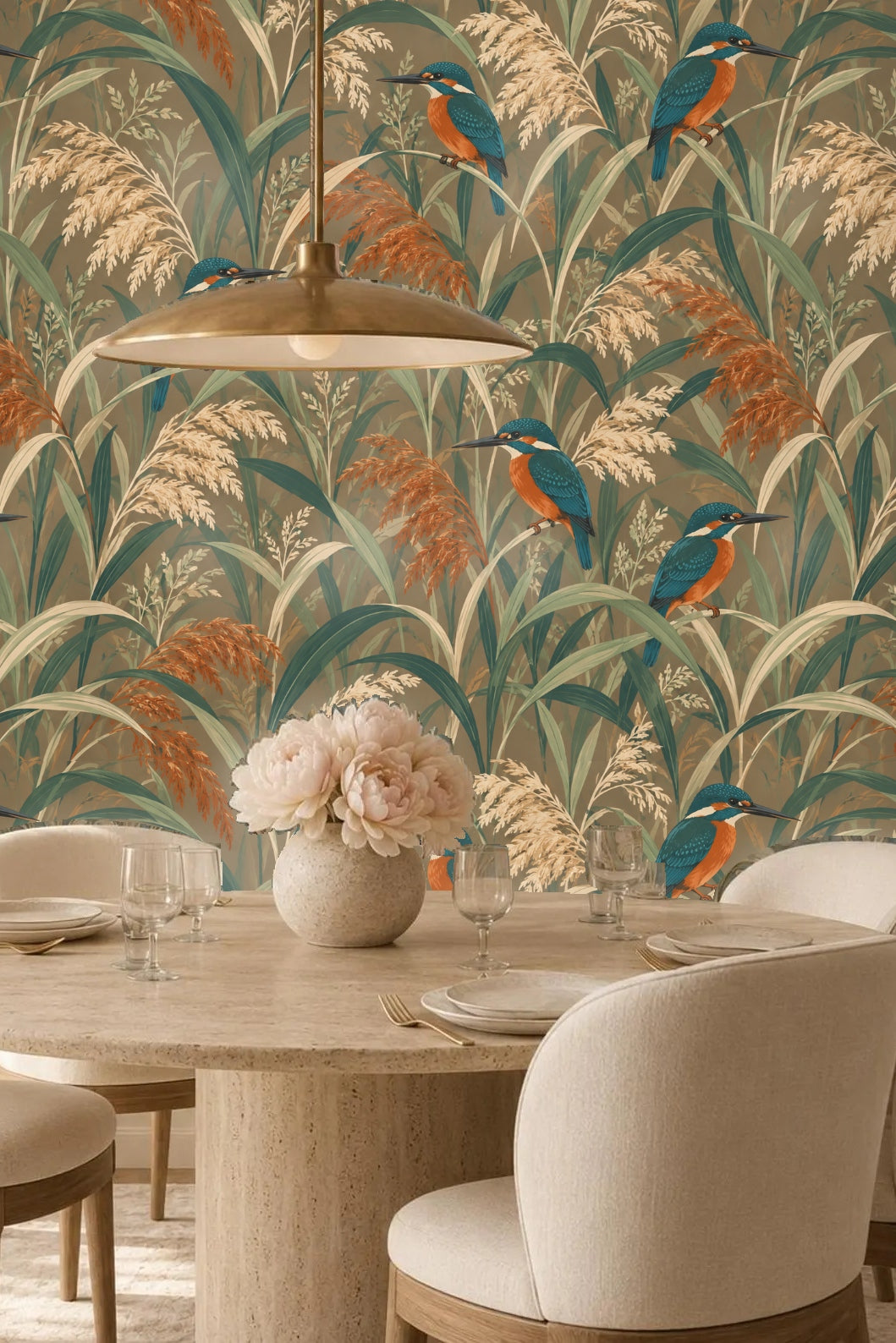 Arching green and cream reed leaves with delicate seed heads framed by a vibrant blue and orange kingfisher.
