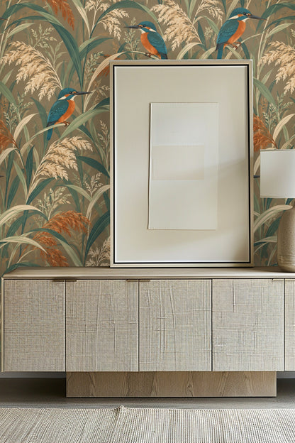 Bedroom wall covered in wallpaper with kingfisher birds perched among flowing reeds under vaulted ceiling, natural light filling the room.