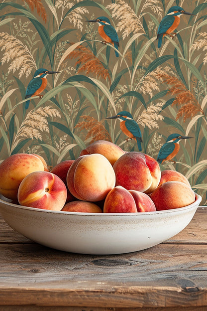 Elegant bird with detailed feathers clutching a reed stem, set against soft beige and rust tones.