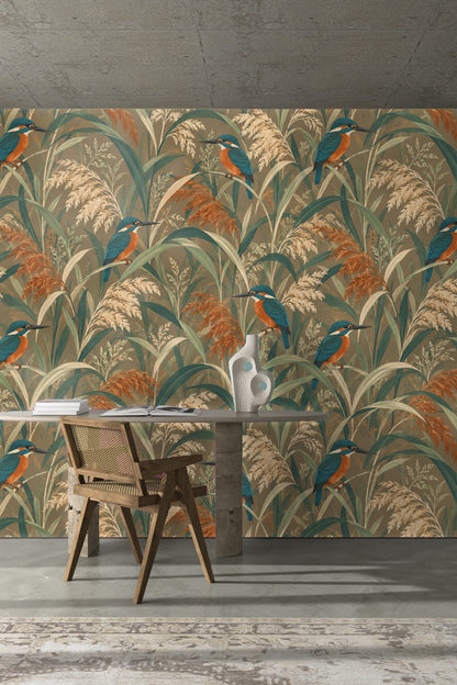Pattern repetition showing kingfishers in various poses amidst an autumnal wetland scene.