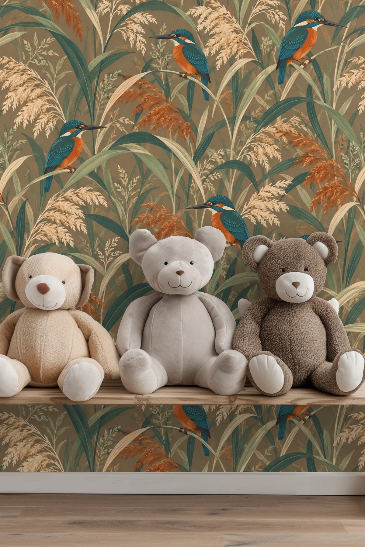 Textured leaf blades and clusters of brown and cream reed grass with resting kingfishers in rich natural colors.