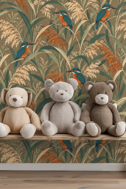 Textured leaf blades and clusters of brown and cream reed grass with resting kingfishers in rich natural colors.