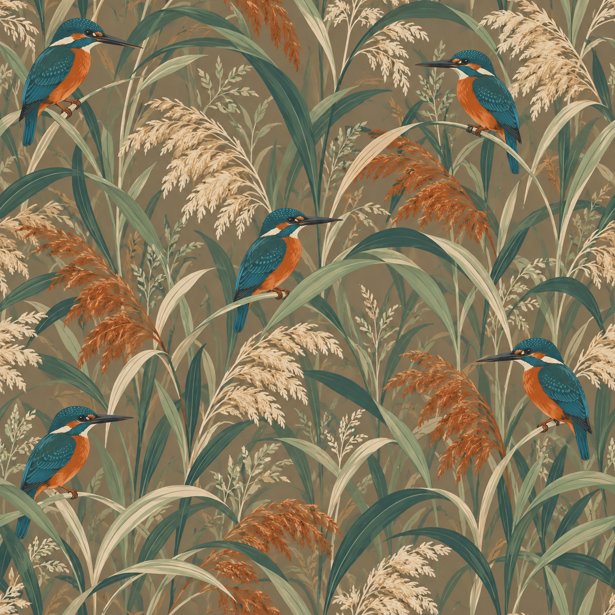 Wallpaper composition showing layered vegetation creating a sense of depth with occasional bright blue and orange bird accents. 