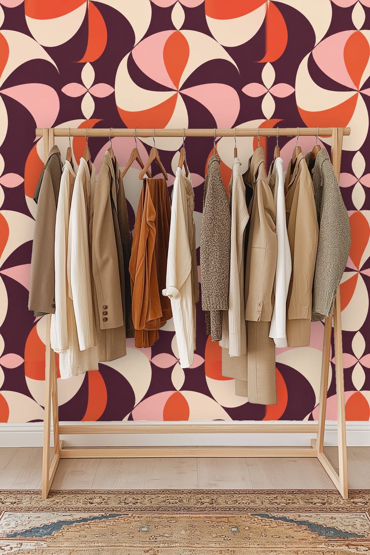 Soft wood bench seating beneath arch with Plum Pinwheel wallpaper accent