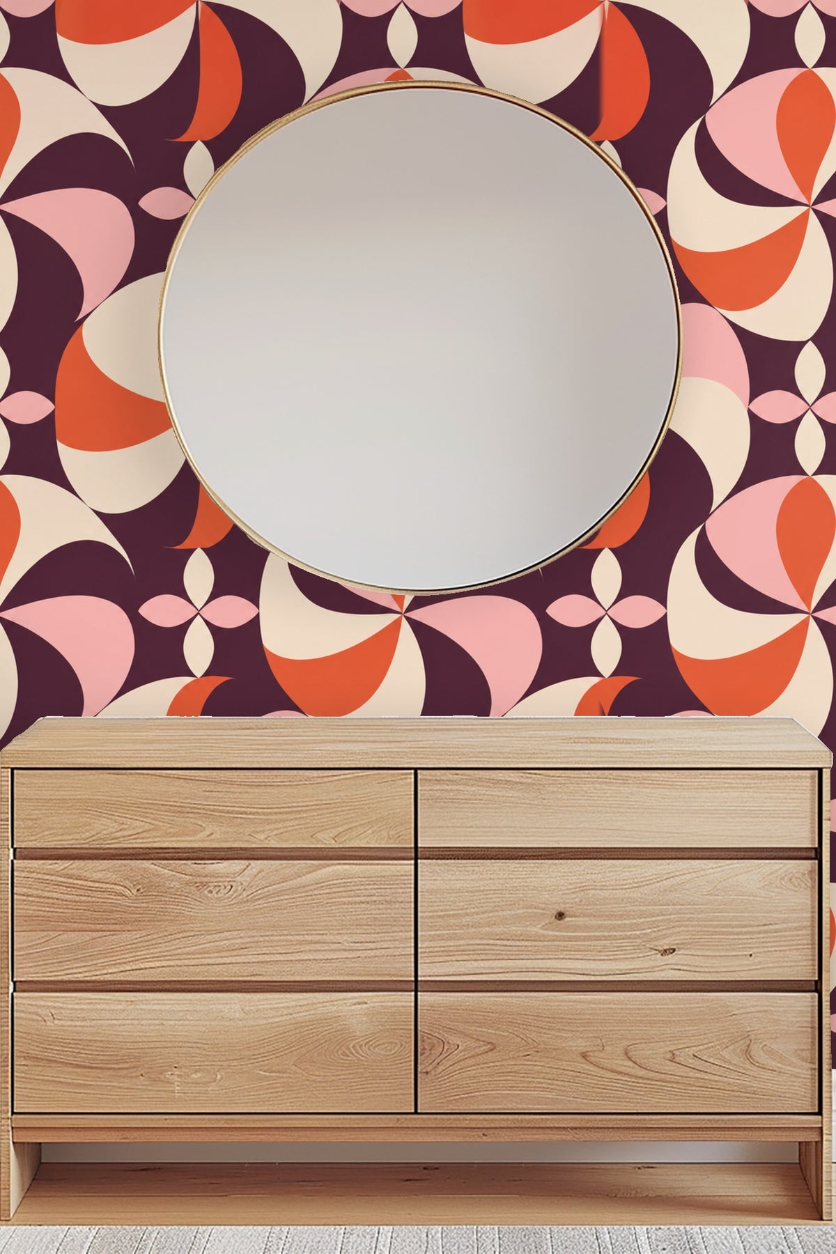 Visual focus on wallpaper's repeated pinwheel motif in a warm color palette
