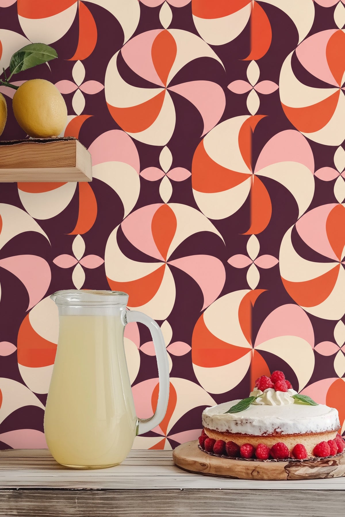 Interior shot showing the contrast of Plum Pinwheel wallpaper with neutral textiles