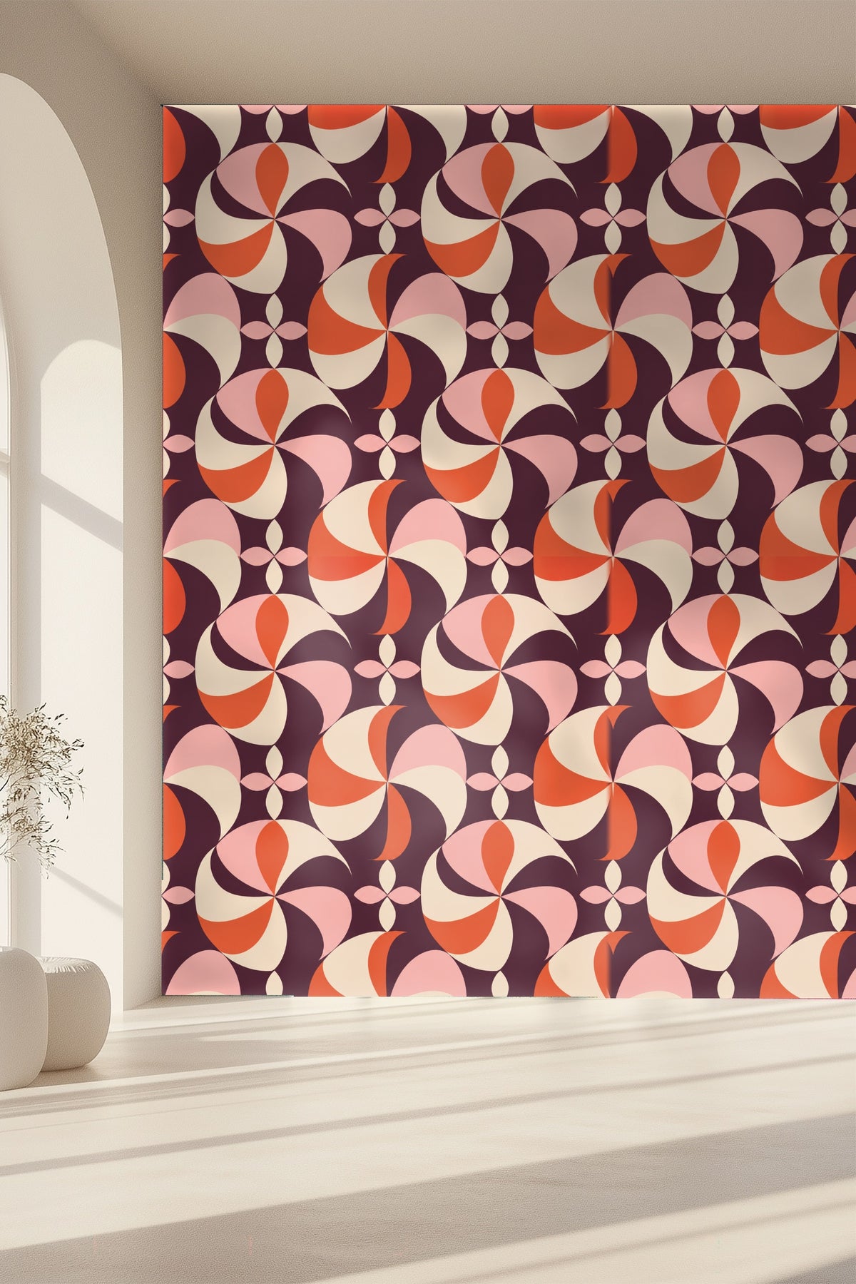Decorative wall with Plum Pinwheel wallpaper creating a retro-modern mood