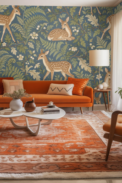 Wallpaper pattern with fawns and ferns on blue background
