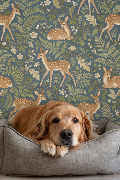 Detailed fern frond and flower motif on wallpaper