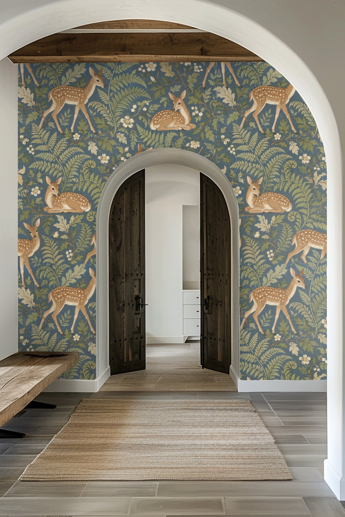 Close-up of fawn figure and fern leaves on wallpaper
