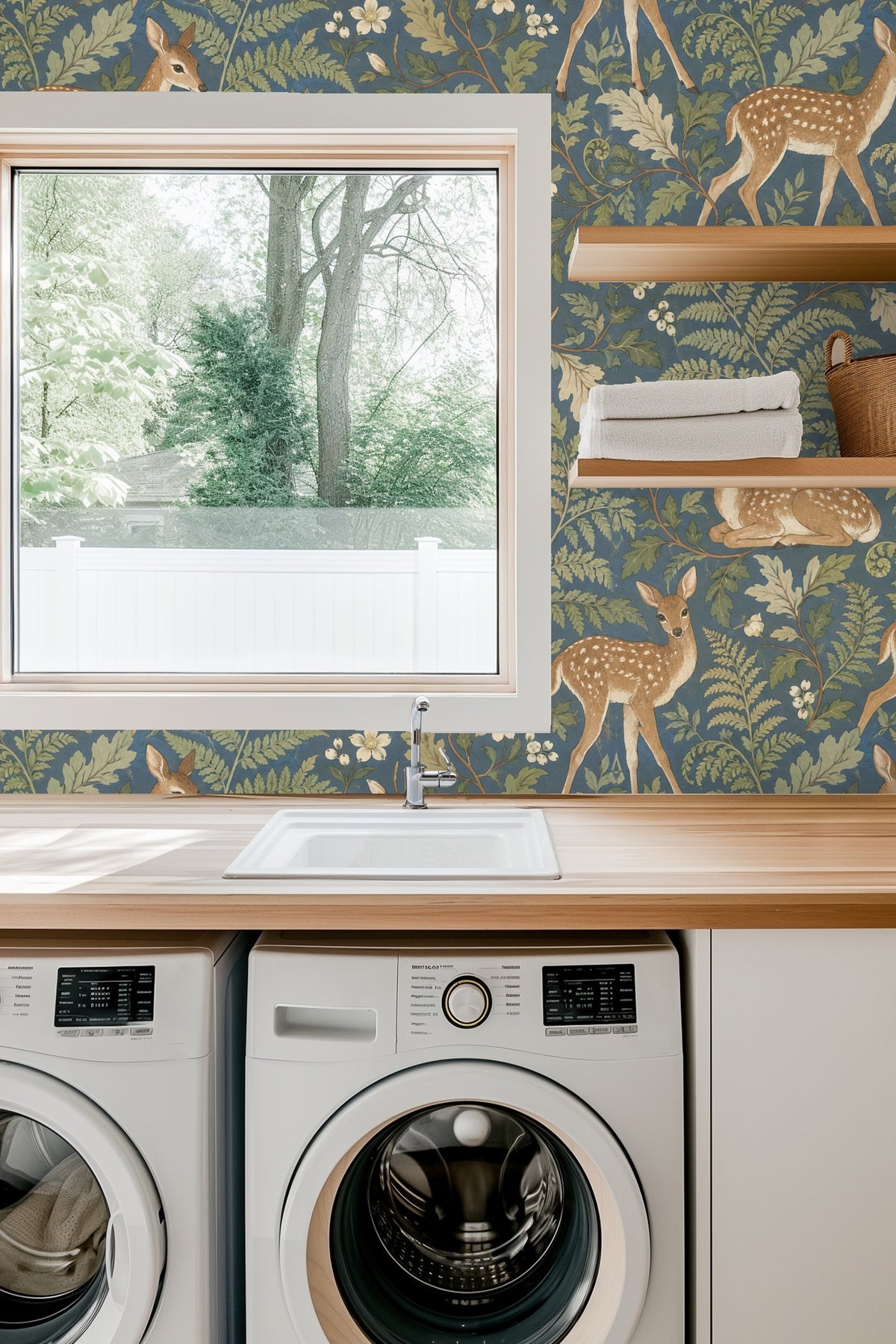 Side view of a fawn with spots on wallpaper
