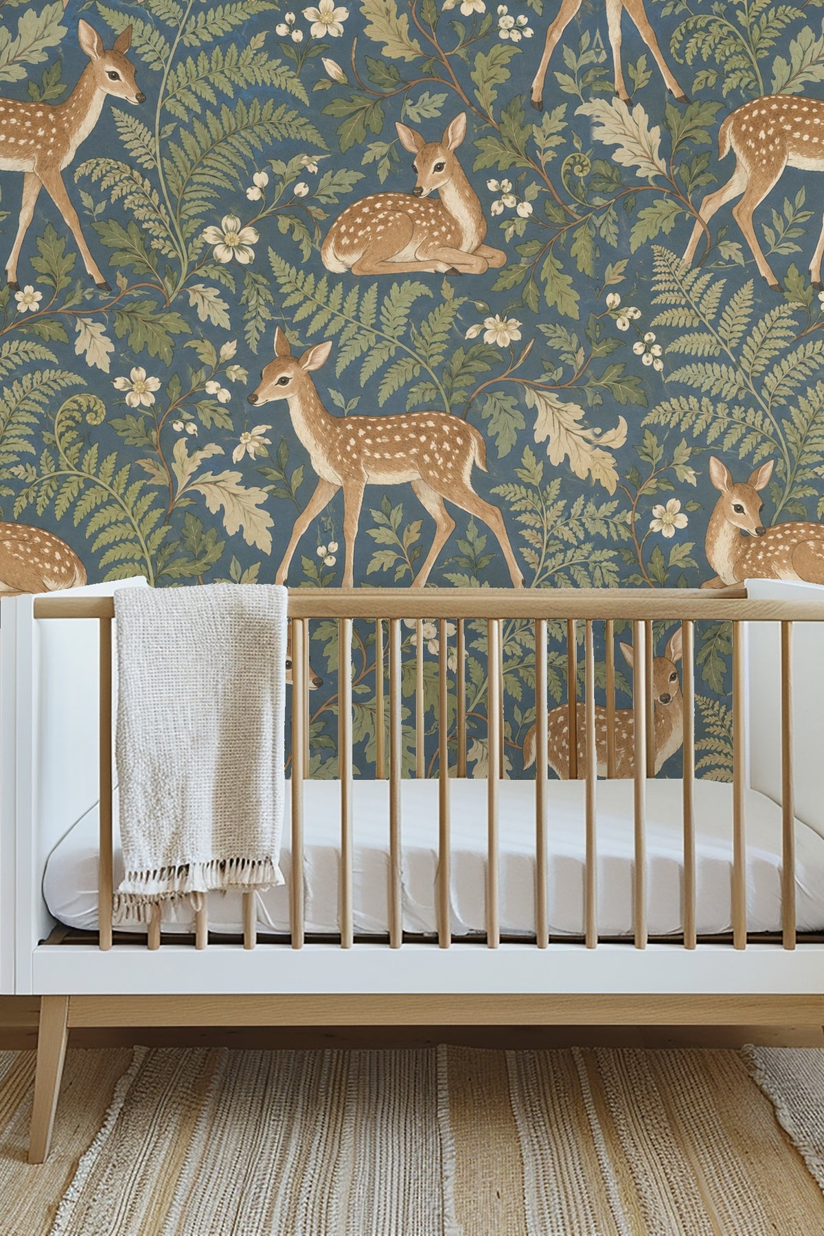 Repeated fawn and leafy vine wallpaper pattern
