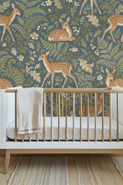 Repeated fawn and leafy vine wallpaper pattern
