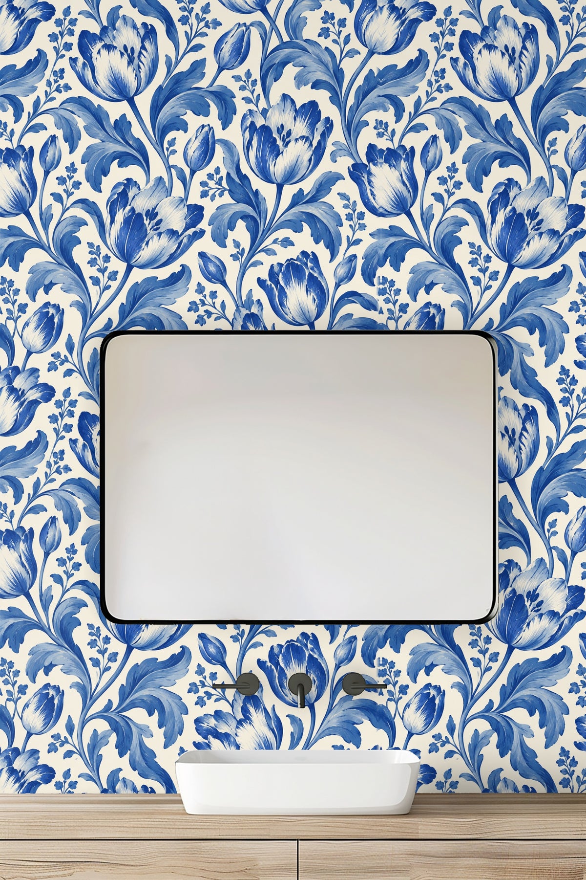 Interior room with floral wallpaper and green velvet upholstered headboard