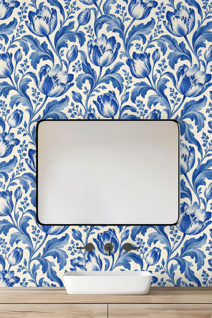 Interior room with floral wallpaper and green velvet upholstered headboard