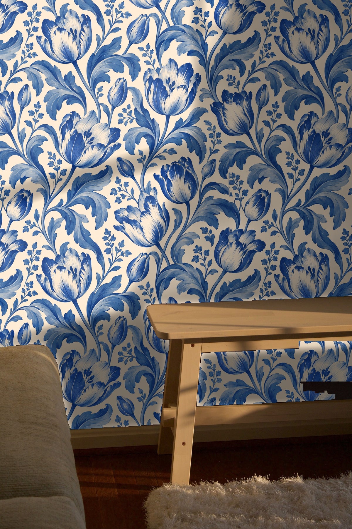 Wallpaper application showing seamless repeating tulip and leaf pattern