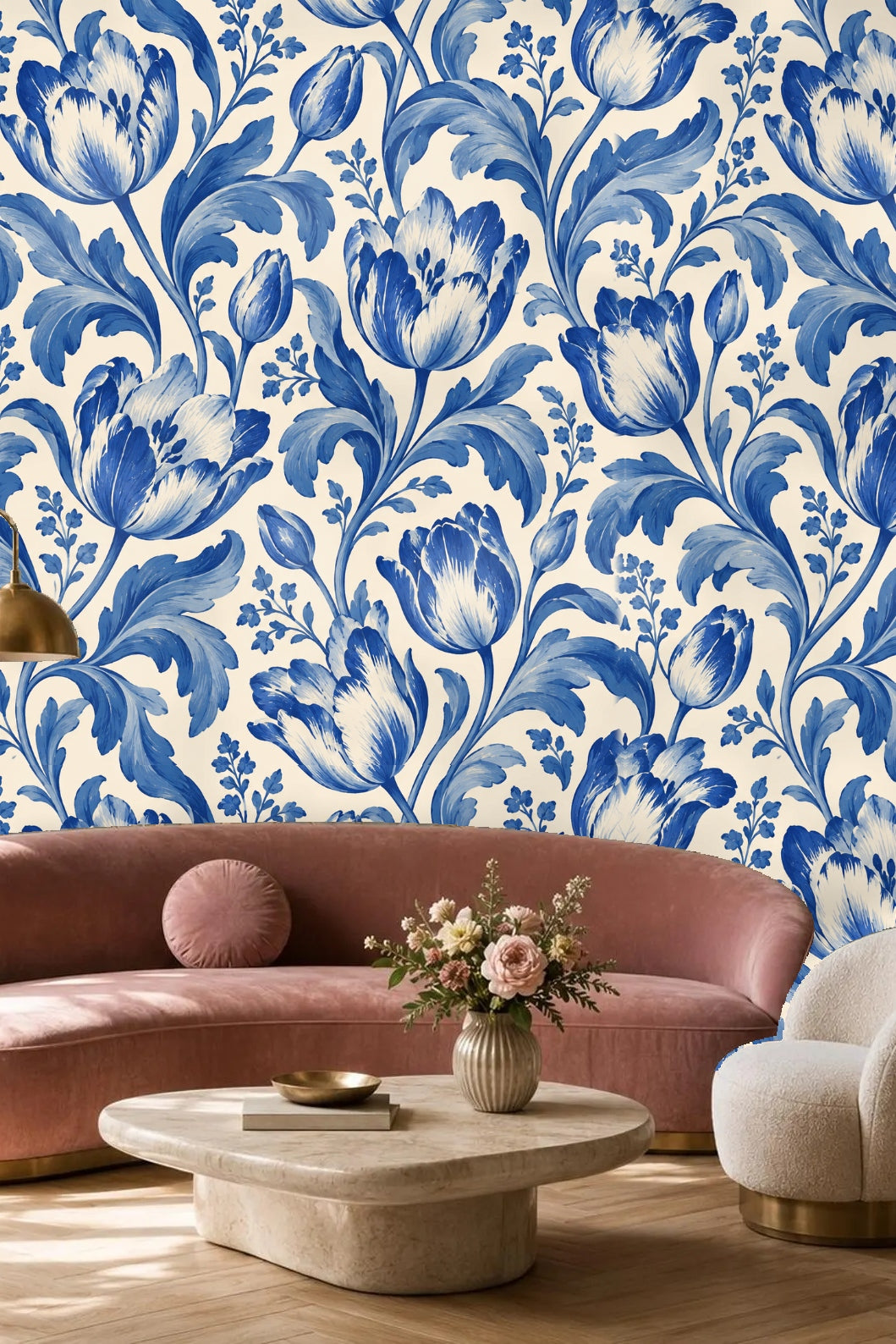 Bedroom wall covered with blue tulip wallpaper behind a scalloped green velvet headboard