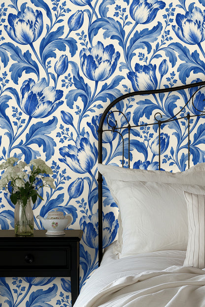 Room interior featuring classic blue and white floral wallpaper with modern furniture