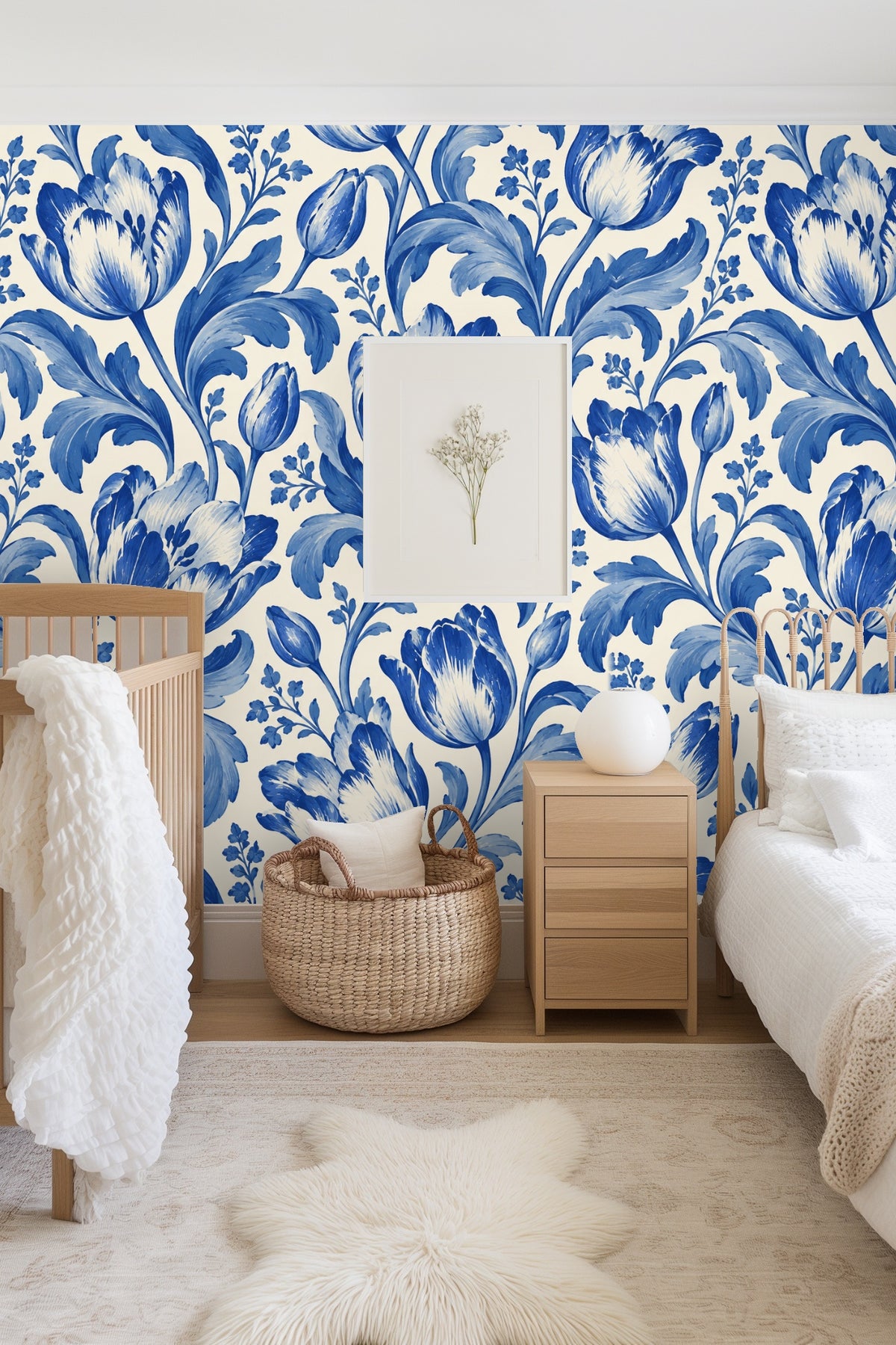 Original artwork image of wallpaper featuring blue tulip flowers and ornate leaves on white background