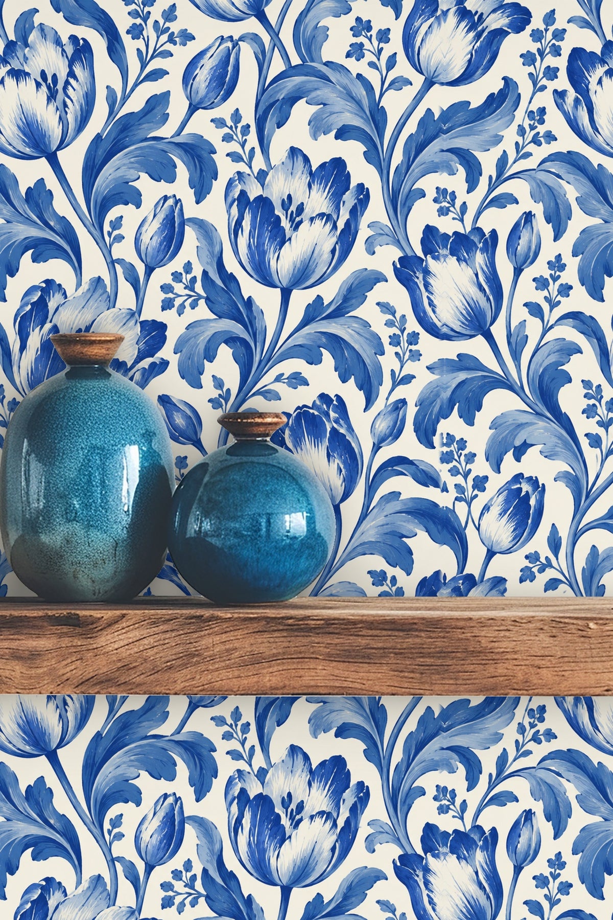 Close-up of painted tulip blossoms and leaves in varying blues with painterly texture