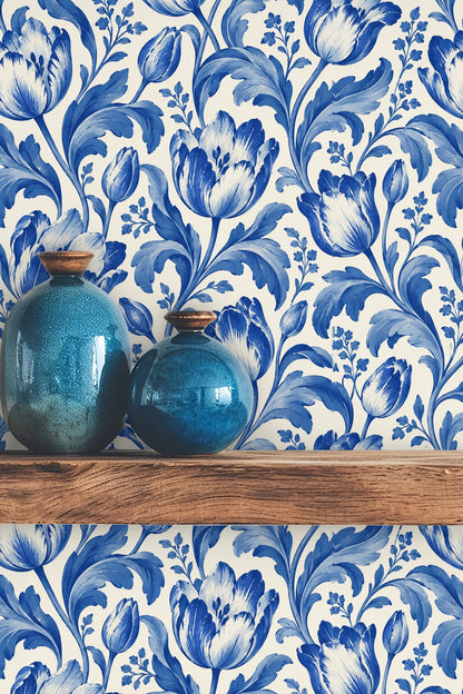 Close-up of painted tulip blossoms and leaves in varying blues with painterly texture
