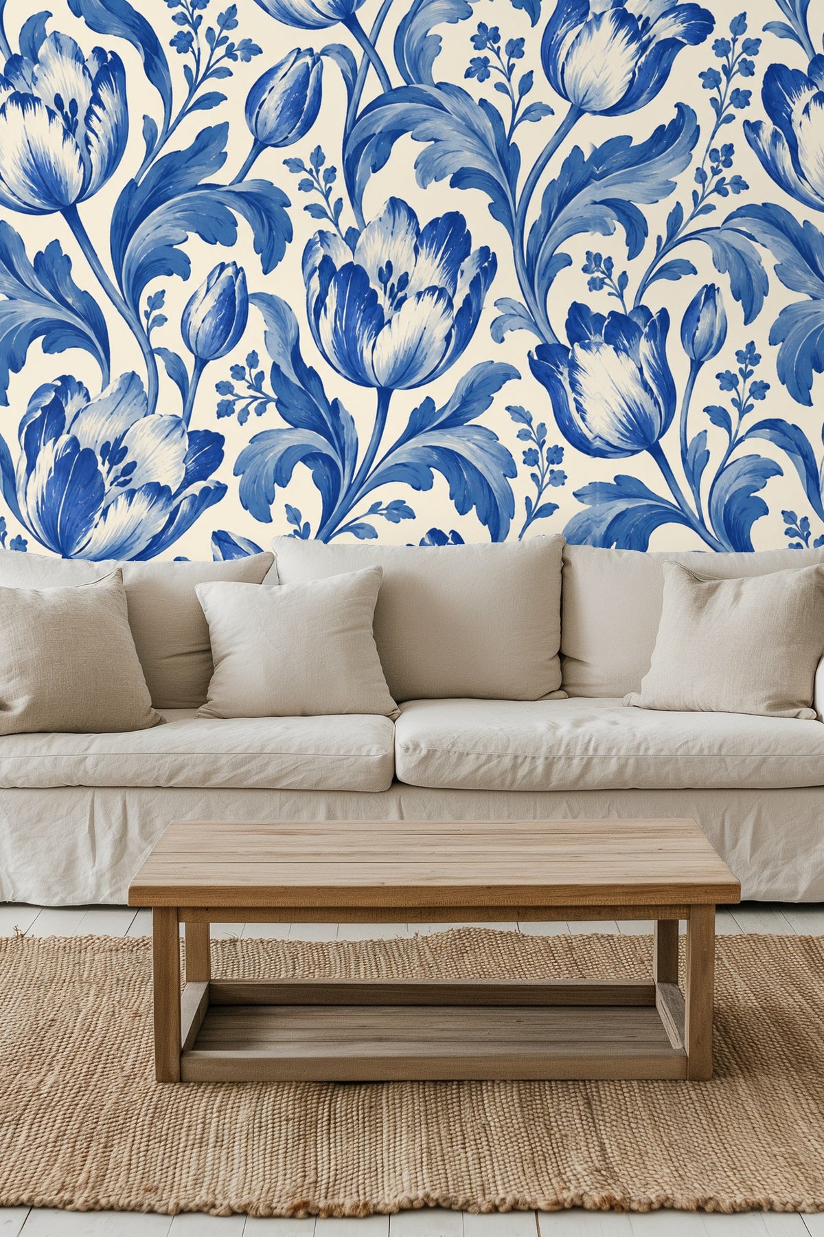 Living room scene with floral wallpaper, pink sofa, marble table, and flowers in a vase