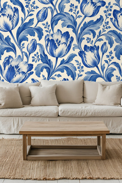 Living room scene with floral wallpaper, pink sofa, marble table, and flowers in a vase