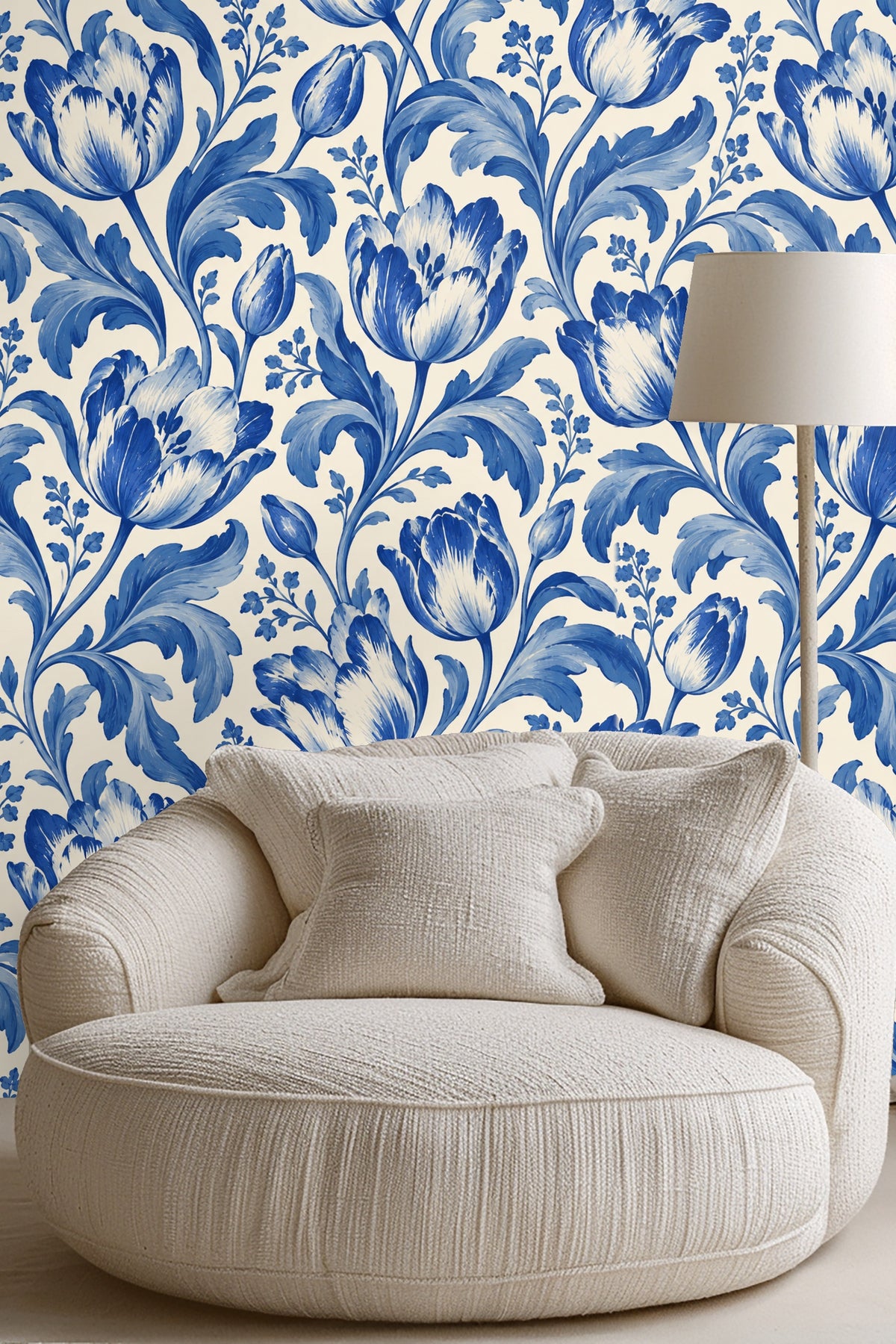Painterly tulip pattern in cobalt and sky blues on crisp white wallpaper background