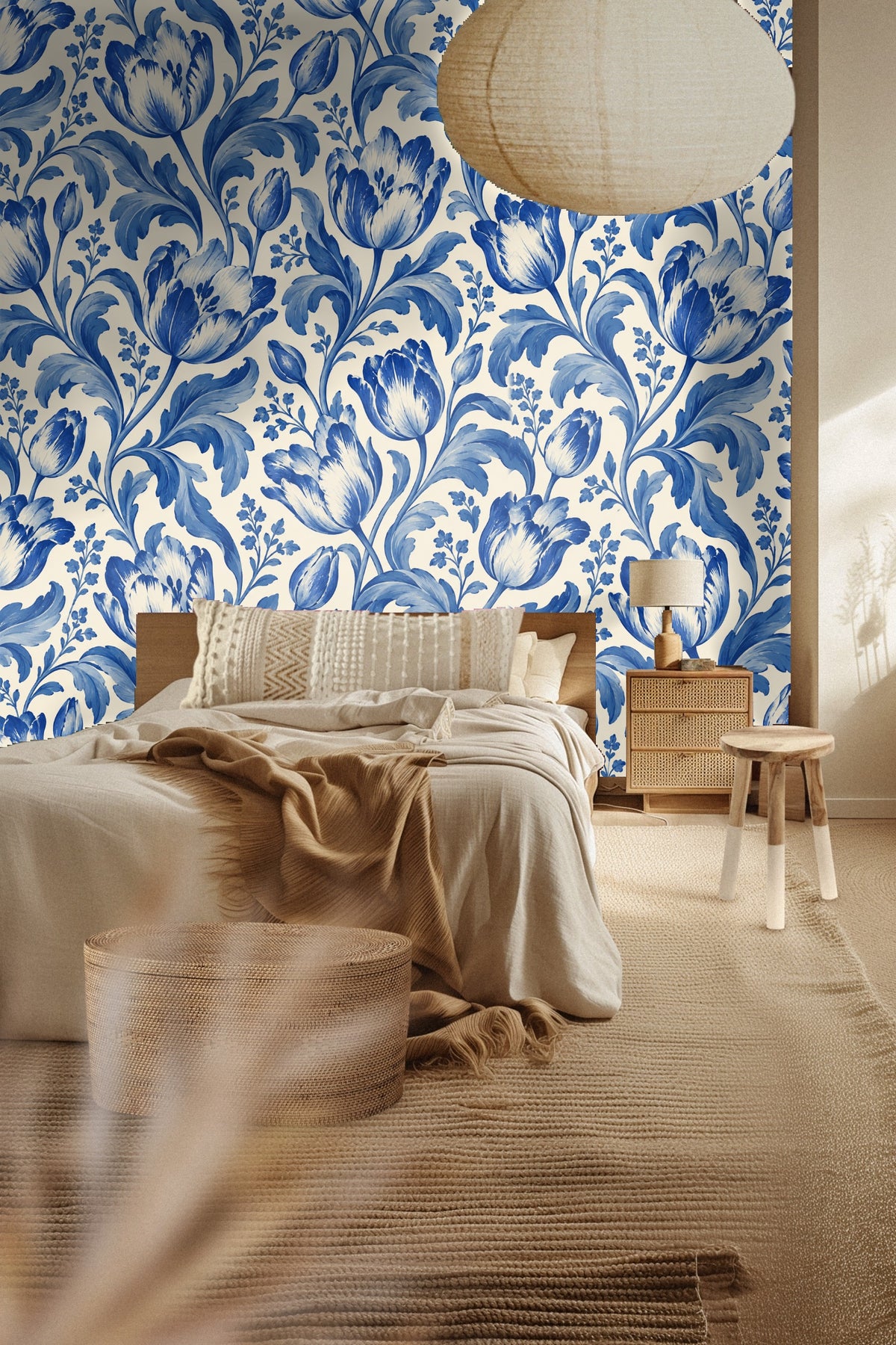 Blue tulip blossoms and buds with flowing leaf patterns in painterly brush strokes