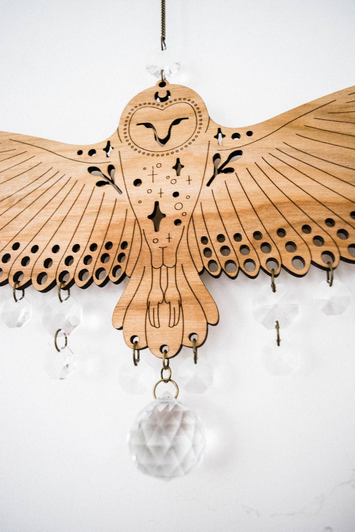 Owl Wooden Wall Hanging Bird Suncatcher w/ Crystal Prisms by HEX Botanical — view 11