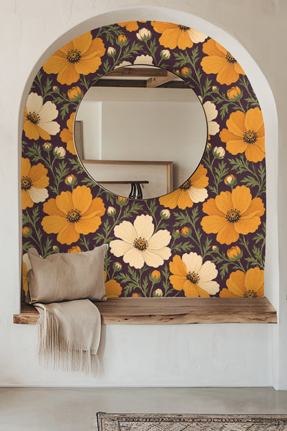 Detailed view of Amber Cosmos Bloom wallpaper showing amber and cream cosmos flowers with green foliage on aubergine background