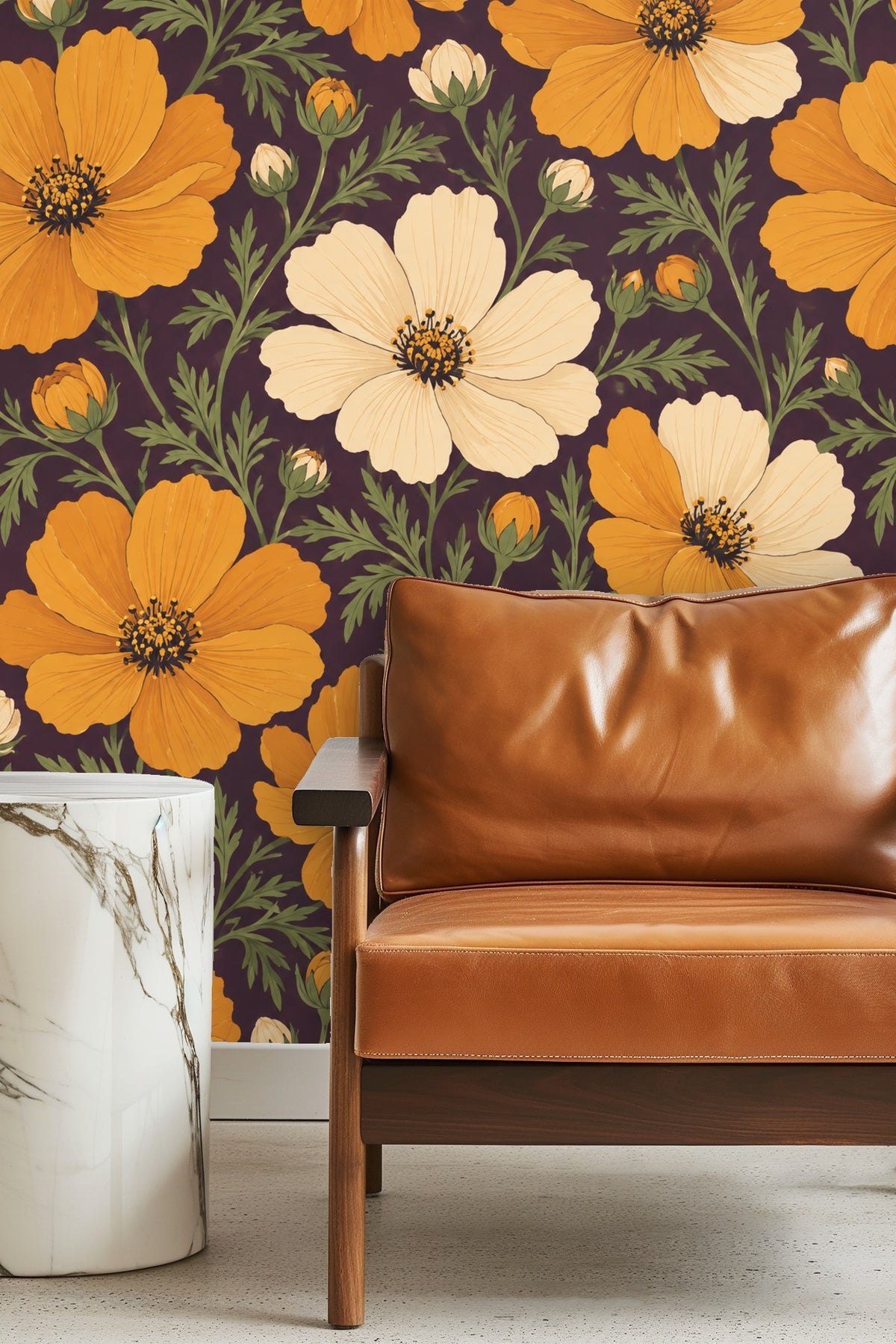 Bedroom with amber and cream cosmos wallpaper mural on a feature wall behind a bed with white bedding and natural wood nightstands