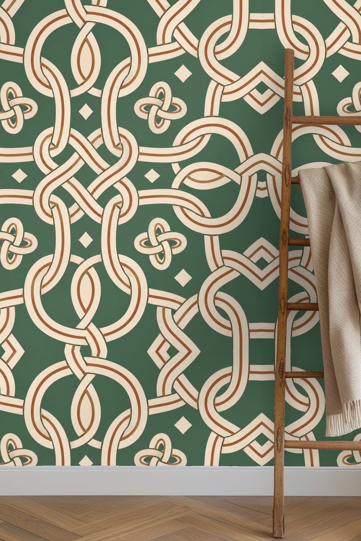 Patterned wallpaper creating a visual grid of rope knots and circles