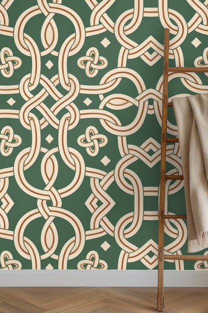 Patterned wallpaper creating a visual grid of rope knots and circles