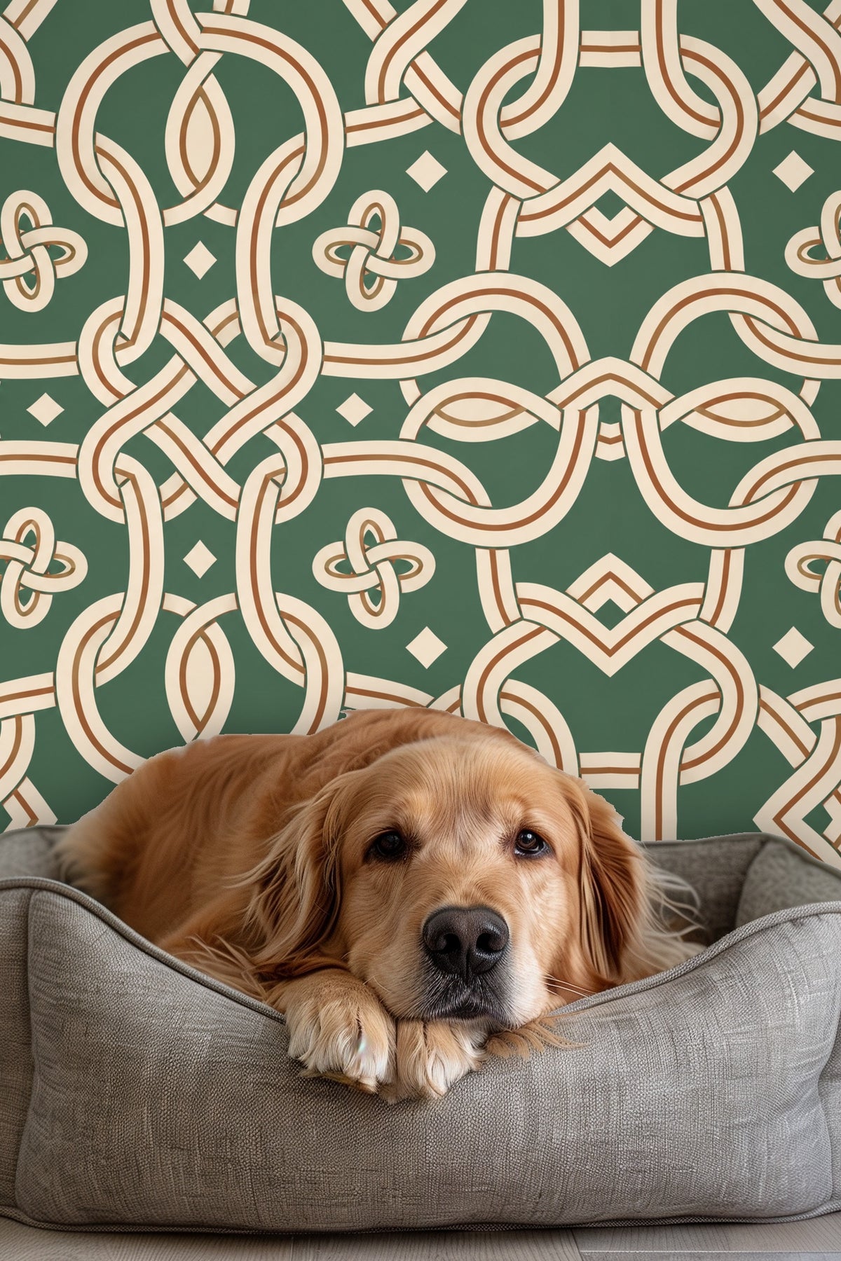 Section of repeating rope knot wallpaper pattern in natural tones on green field