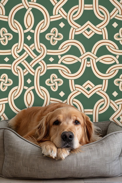 Section of repeating rope knot wallpaper pattern in natural tones on green field
