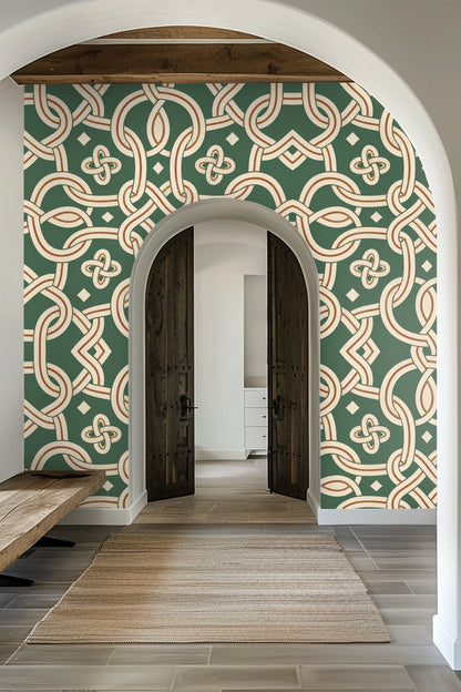 Close-up of Jade Mooring Knotwork wallpaper pattern showing intertwined ropes on green background