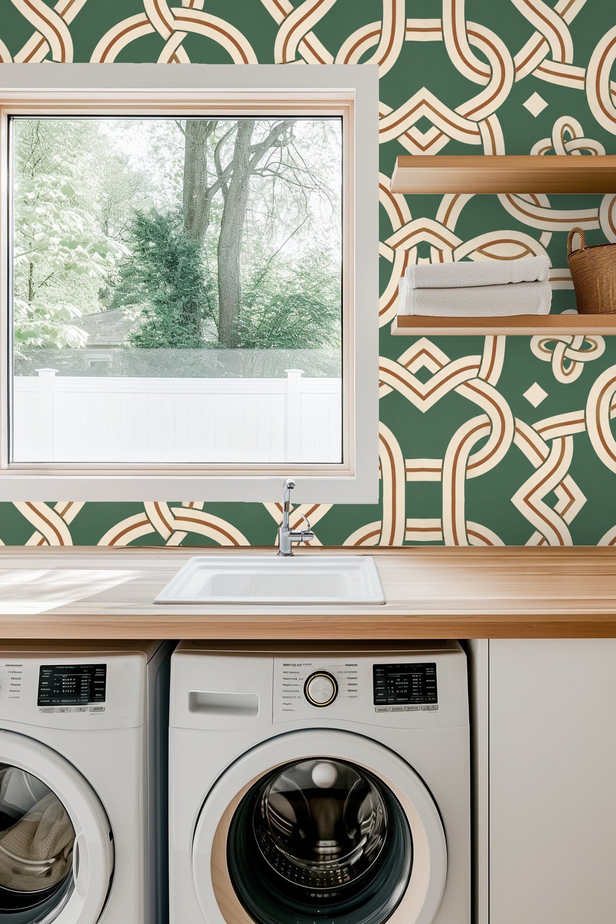 Entryway with arched doorway featuring Jade Mooring Knotwork wallpaper in jade green, ivory and caramel