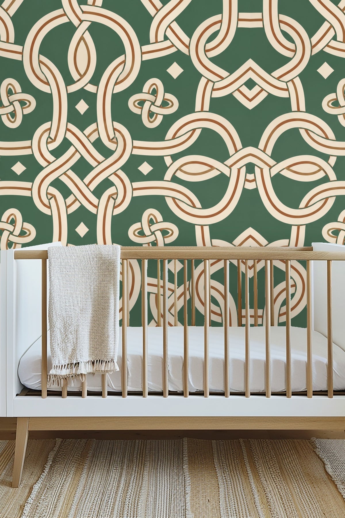 Patterned wallpaper accenting wall behind laundry room sink and shelves