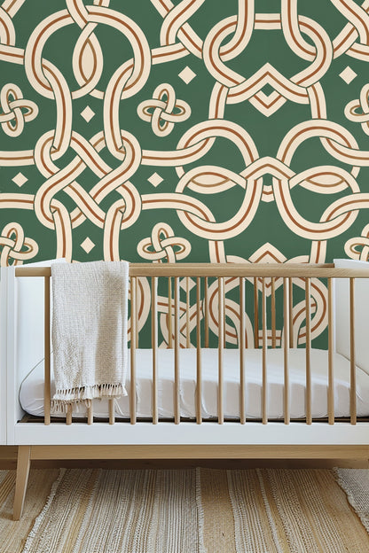 Patterned wallpaper accenting wall behind laundry room sink and shelves