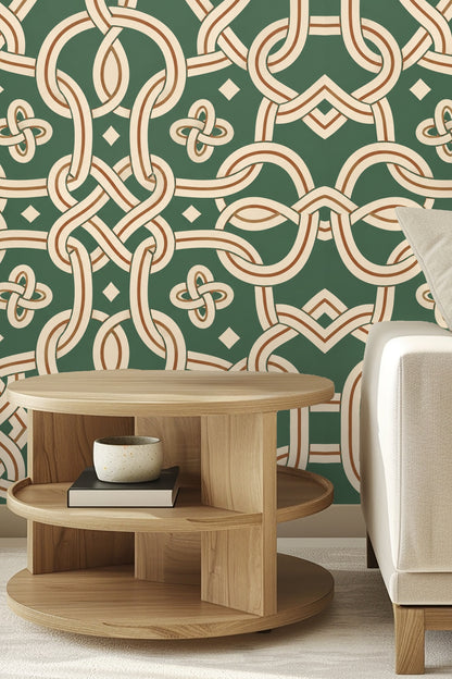 View of doorway framed by patterned wallpaper with intertwined rope motifs