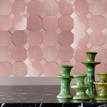 Handcrafted Pink Moroccan Zellige Tiles – Octagon & Bouchon Patterns by Moroccantastics — view 3