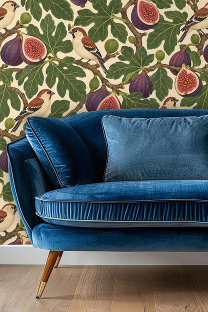 Floral wallpaper pattern with birds, figs, and leaves on cream background