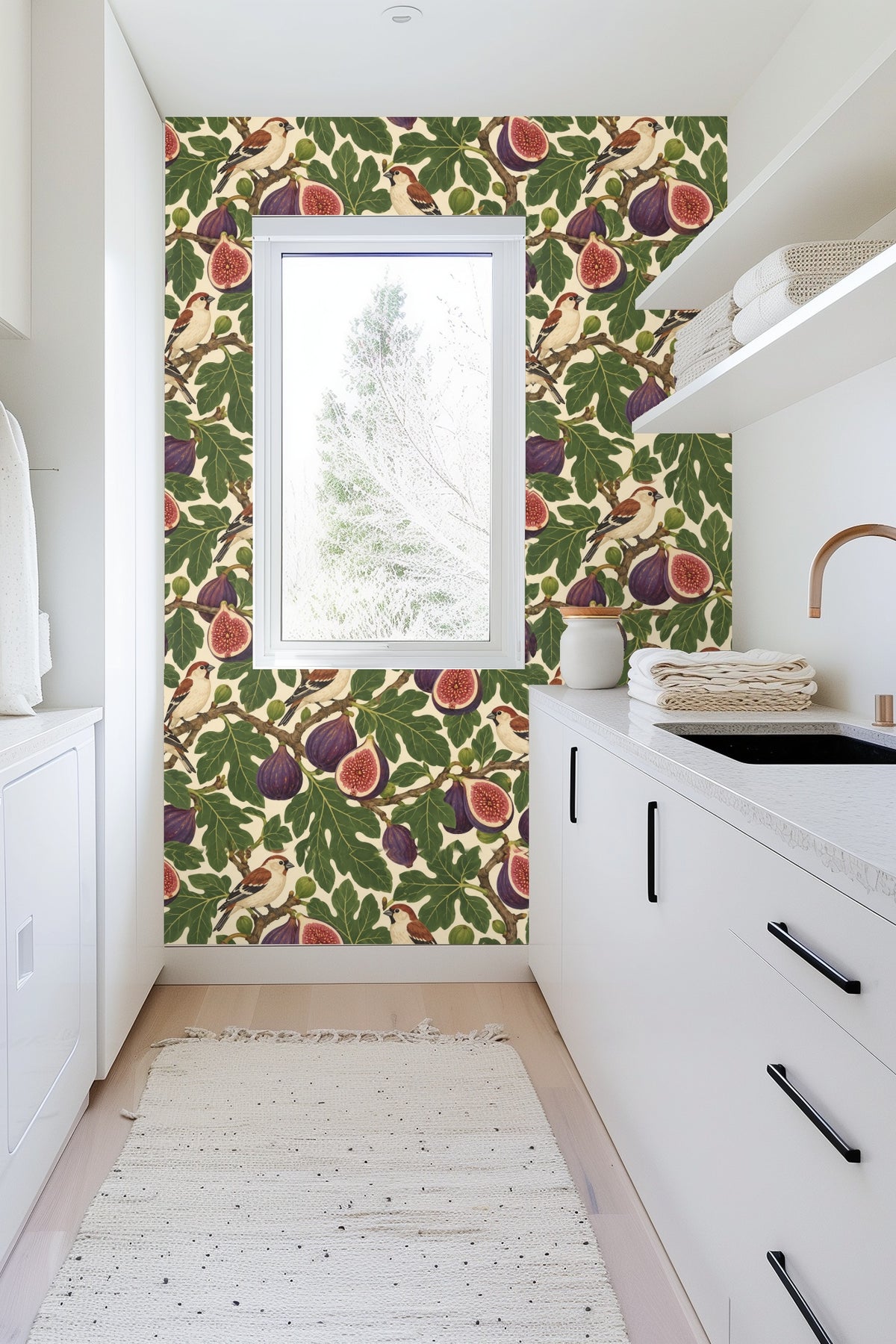 Fig Finch Grove wallpaper shown in an interior setting