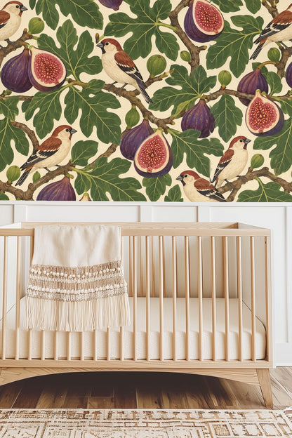 Fig Finch Grove wallpaper shown in an interior setting
