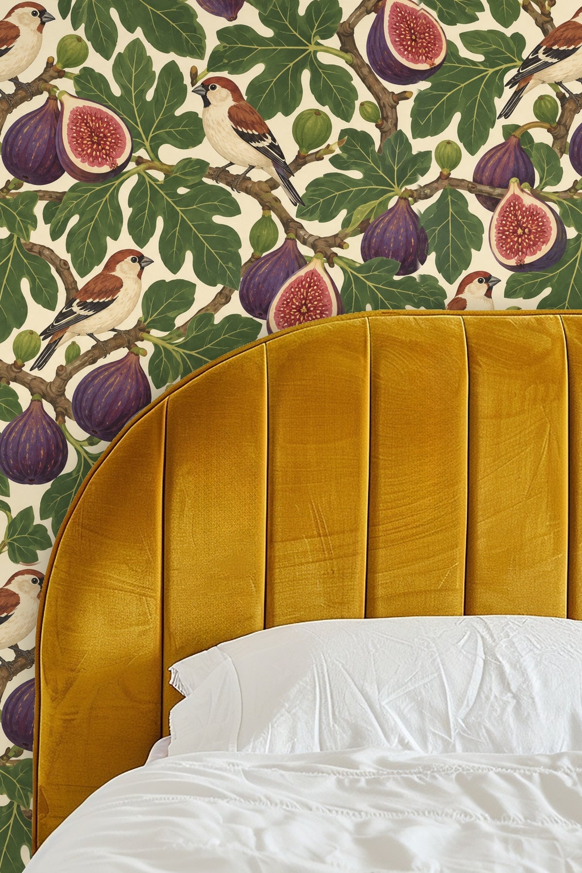 Fig Finch Grove wallpaper with blue velvet couch in living room