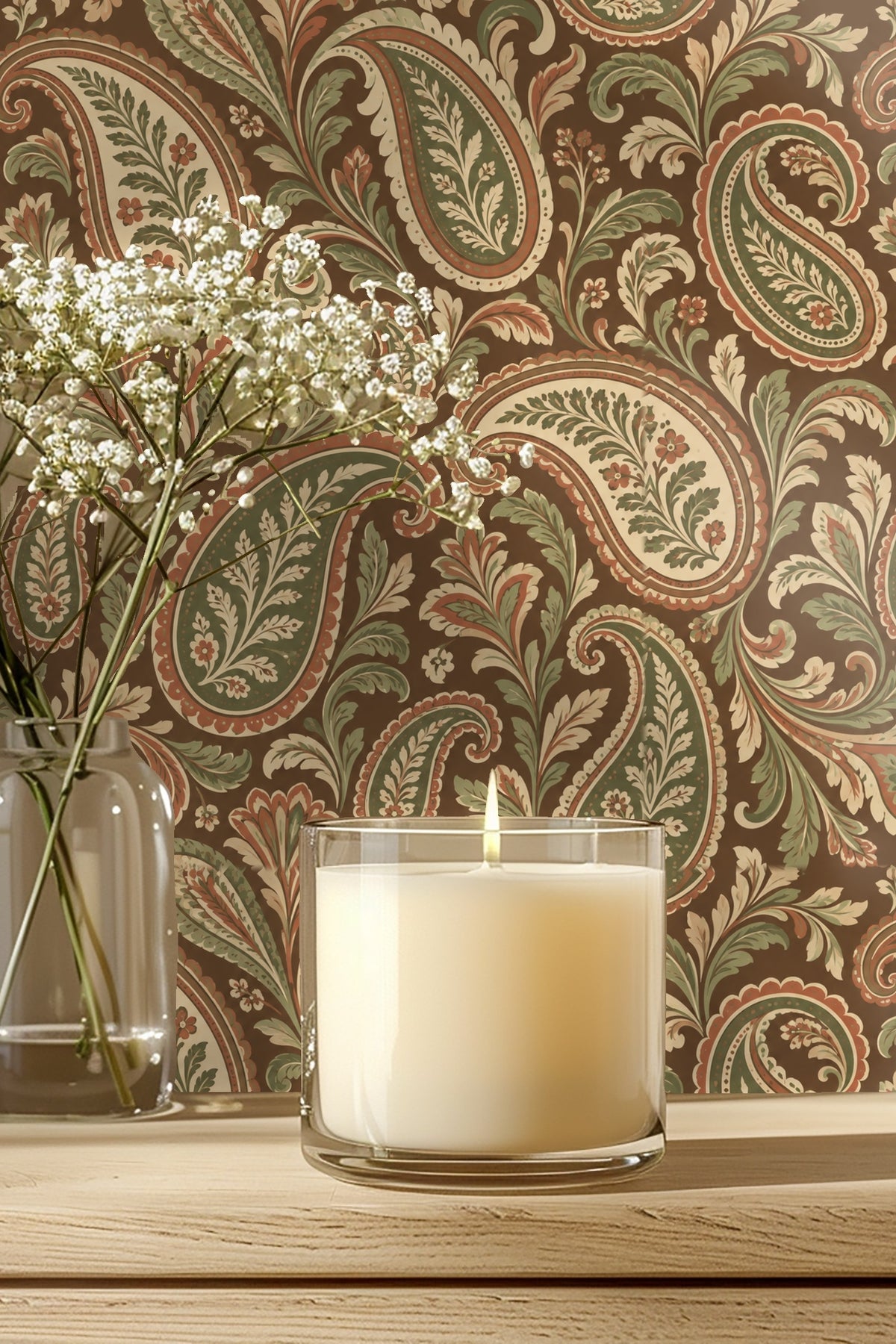 Close-up of Tobacco Paisley Reverie wallpaper showing detailed paisley and floral pattern in tobacco brown, muted green, and cream.